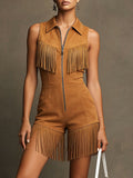 Western Retro Sleeveless Caramel Faux Suede Fringe Shorts Jumpsuit