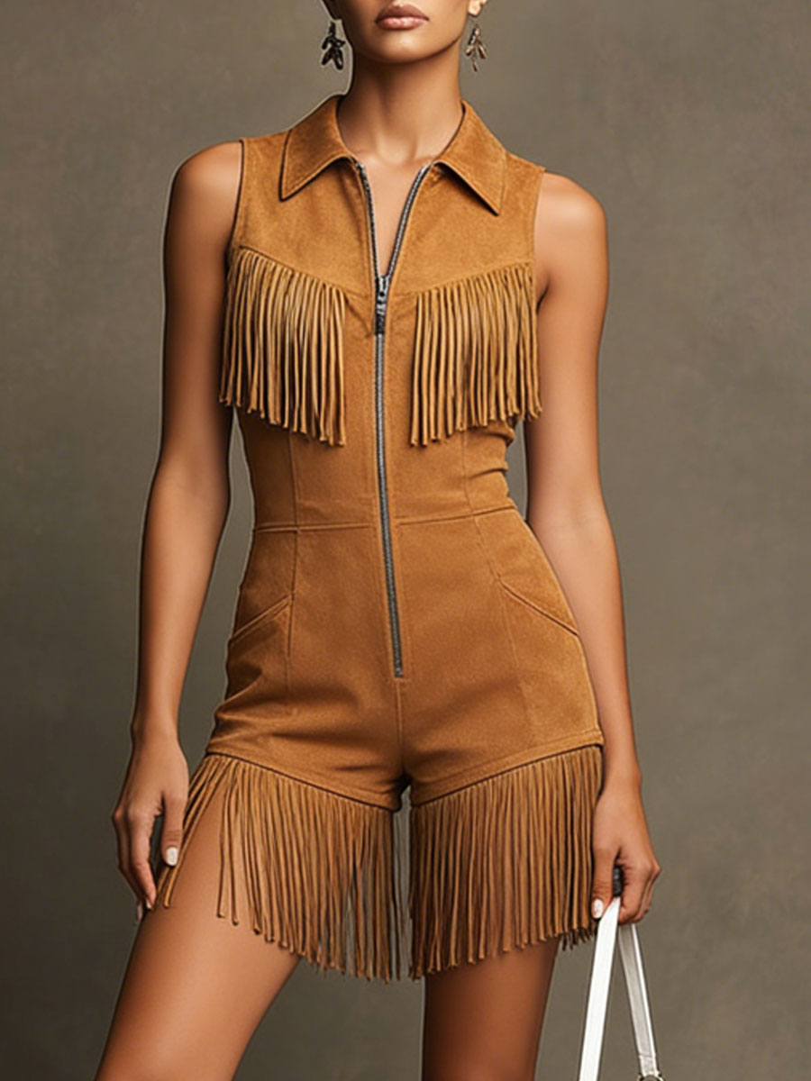 Western Retro Sleeveless Caramel Faux Suede Fringe Shorts Jumpsuit