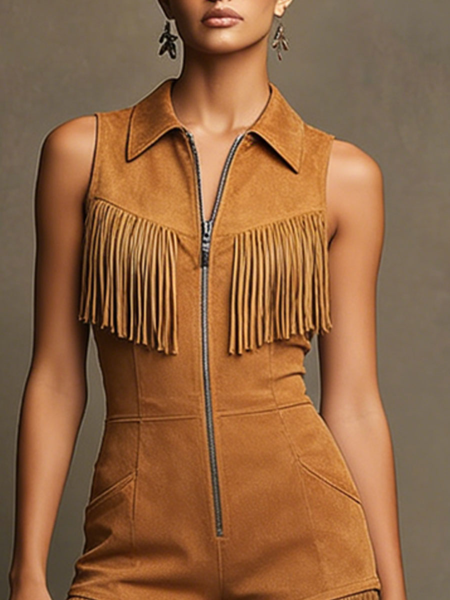 Western Retro Sleeveless Caramel Faux Suede Fringe Shorts Jumpsuit