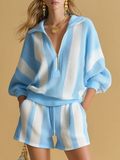 Retro Athletic Colour-Block Striped Short-Sleeve Knit T-Shirt & Knit Shorts Set