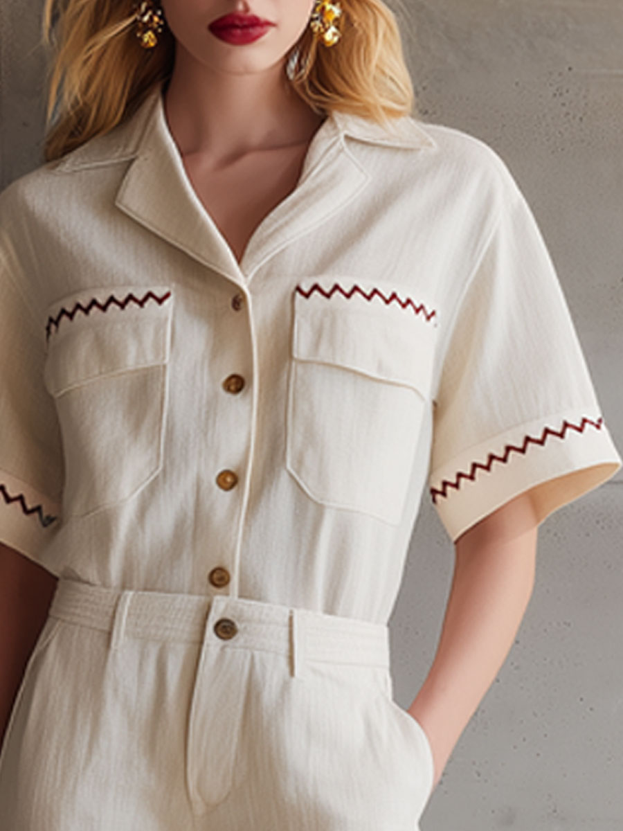 Casual Retro Embroidered Off-White Cotton Linen Short-Sleeve Shirt and Shorts Set