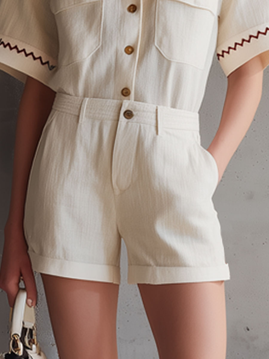 Casual Retro Embroidered Off-White Cotton Linen Short-Sleeve Shirt and Shorts Set