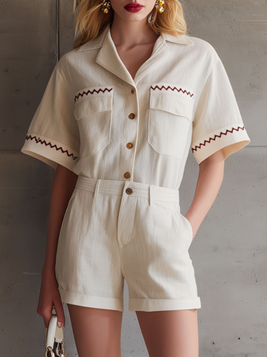 Casual Retro Embroidered Off-White Cotton Linen Short-Sleeve Shirt and Shorts Set