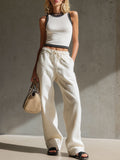 Casual Retro Black-trimmed White Vest Cotton Linen Straight Leg Pants Set