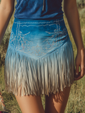 Bohemian Style Embroidered Tassel Gradient Faux Suede Mini Skirt