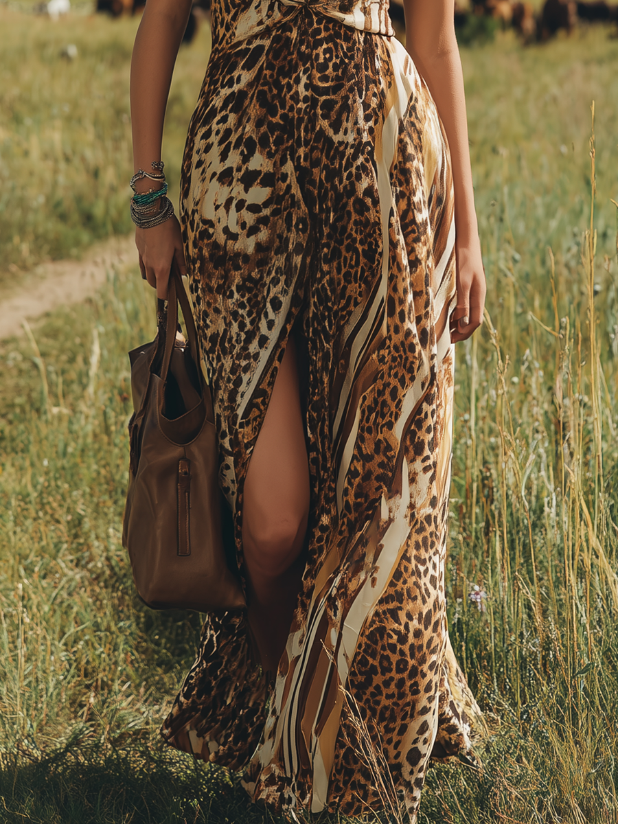 Wild And Sexy V-Neck Sleeveless Leopard Print Slit Chiffon Maxi Dress