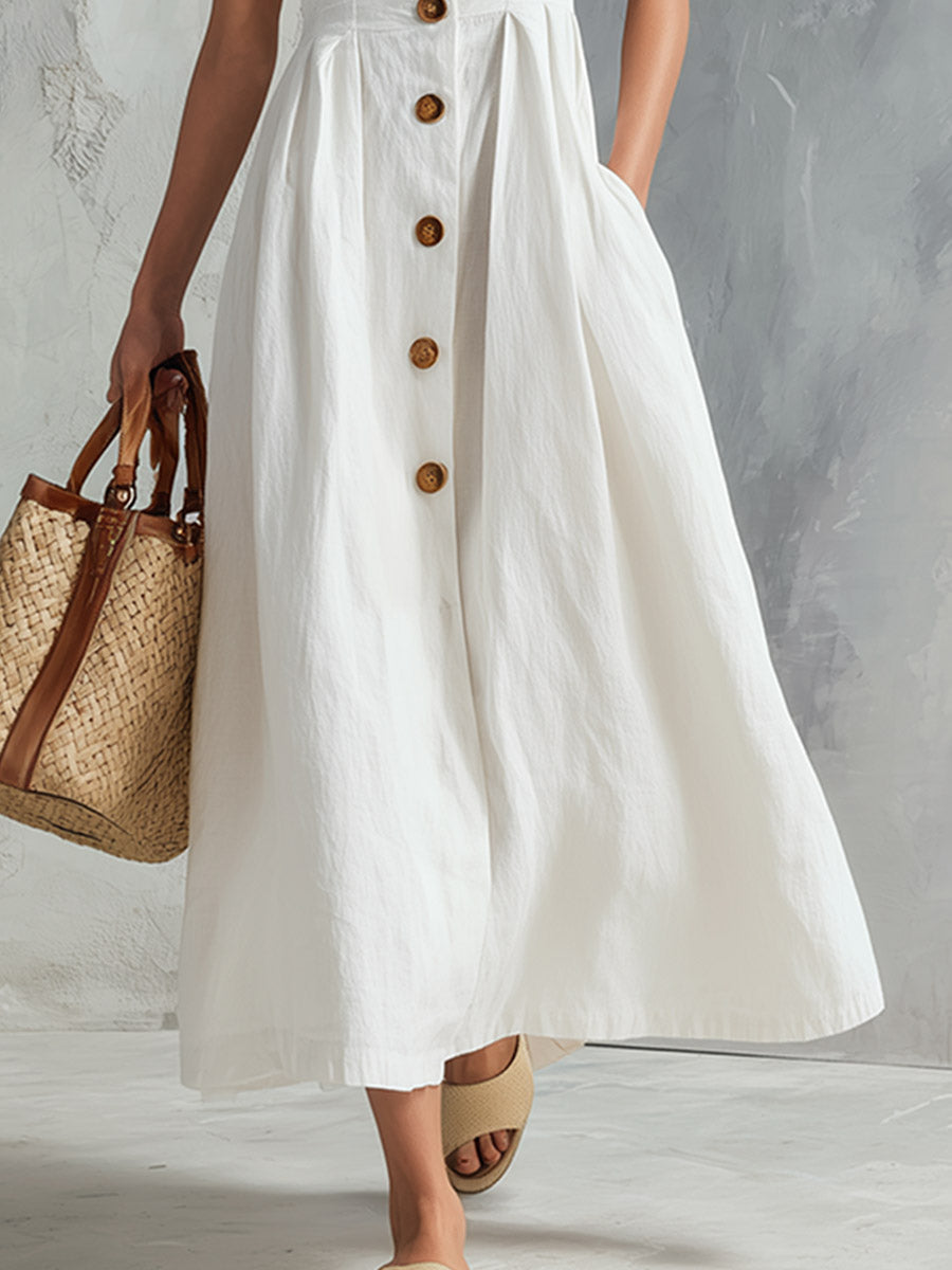 Elegant White Square-Neck Cotton-Linen Sleeveless Maxi Dress