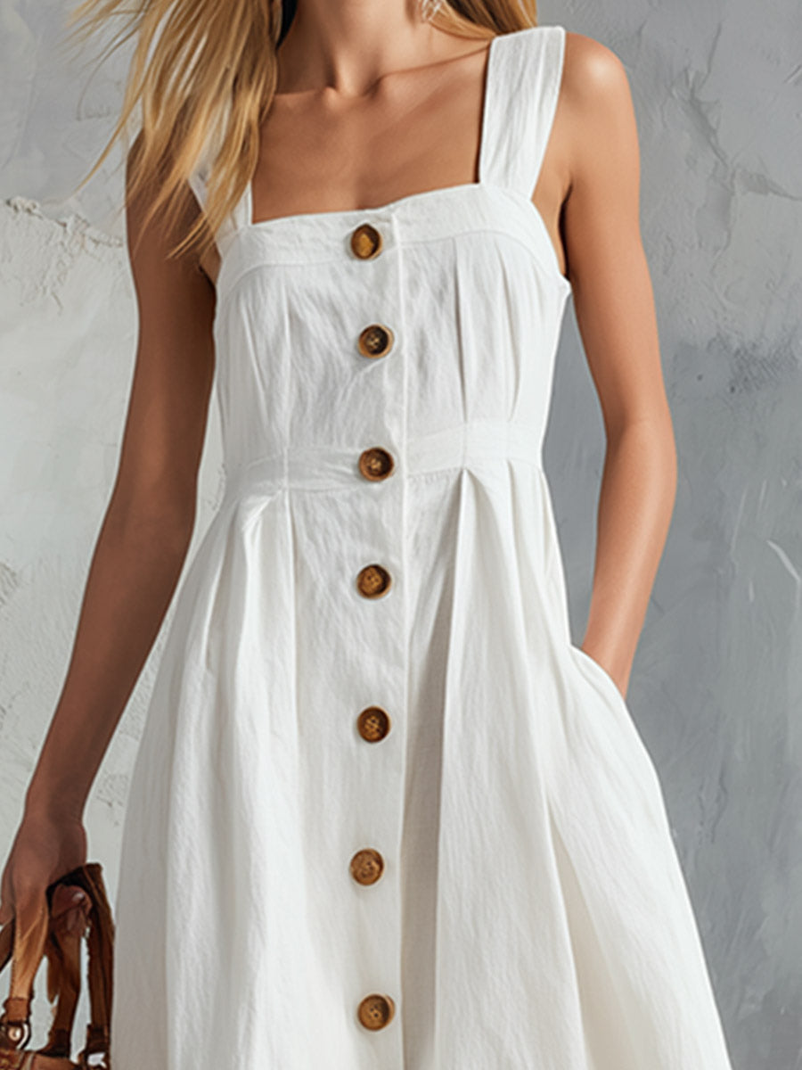 Elegant White Square-Neck Cotton-Linen Sleeveless Maxi Dress