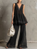 Fashionable Retro Striped Black Chiffon A-line Top And Flared Pants Set