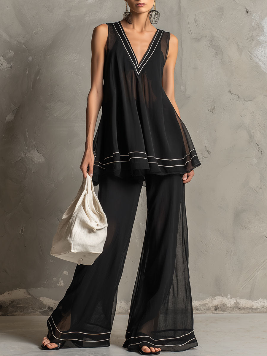 Fashionable Retro Striped Black Chiffon A-line Top And Flared Pants Set