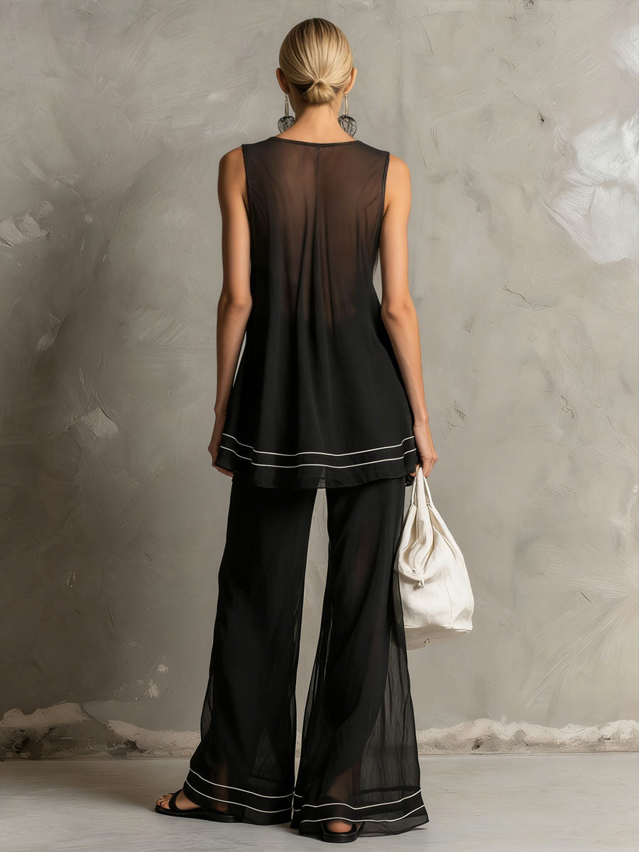 Fashionable Retro Striped Black Chiffon A-line Top and Flared Pants Set