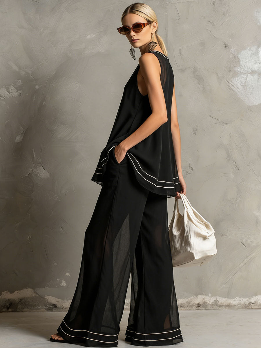 Fashionable Retro Striped Black Chiffon A-line Top and Flared Pants Set