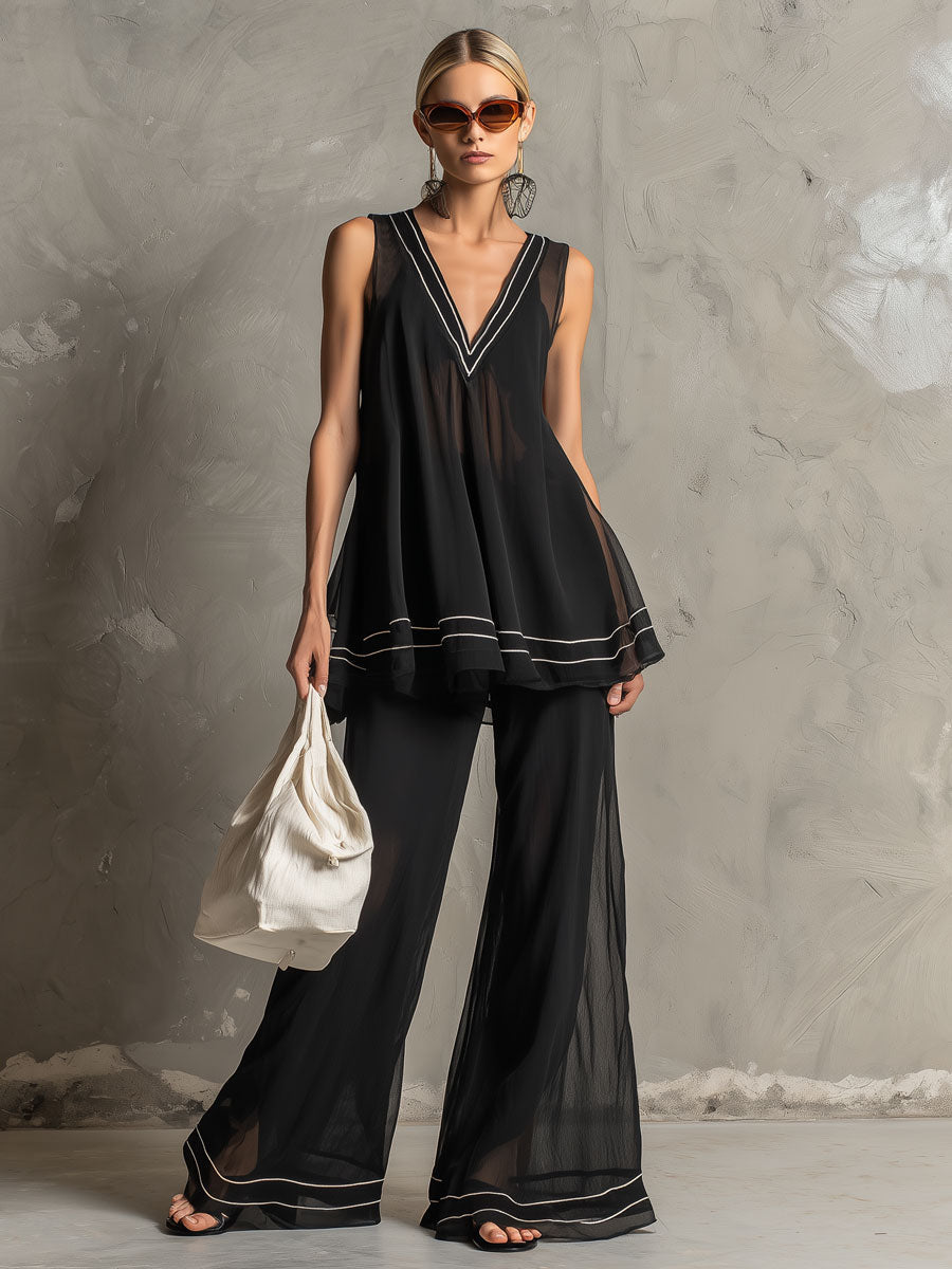 Fashionable Retro Striped Black Chiffon A-line Top And Flared Pants Set