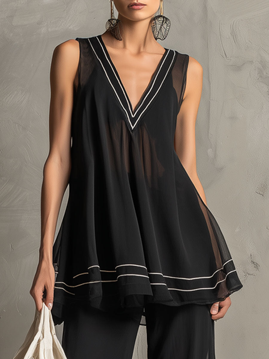 Fashionable Retro Striped Black Chiffon A-line Top and Flared Trousers Set