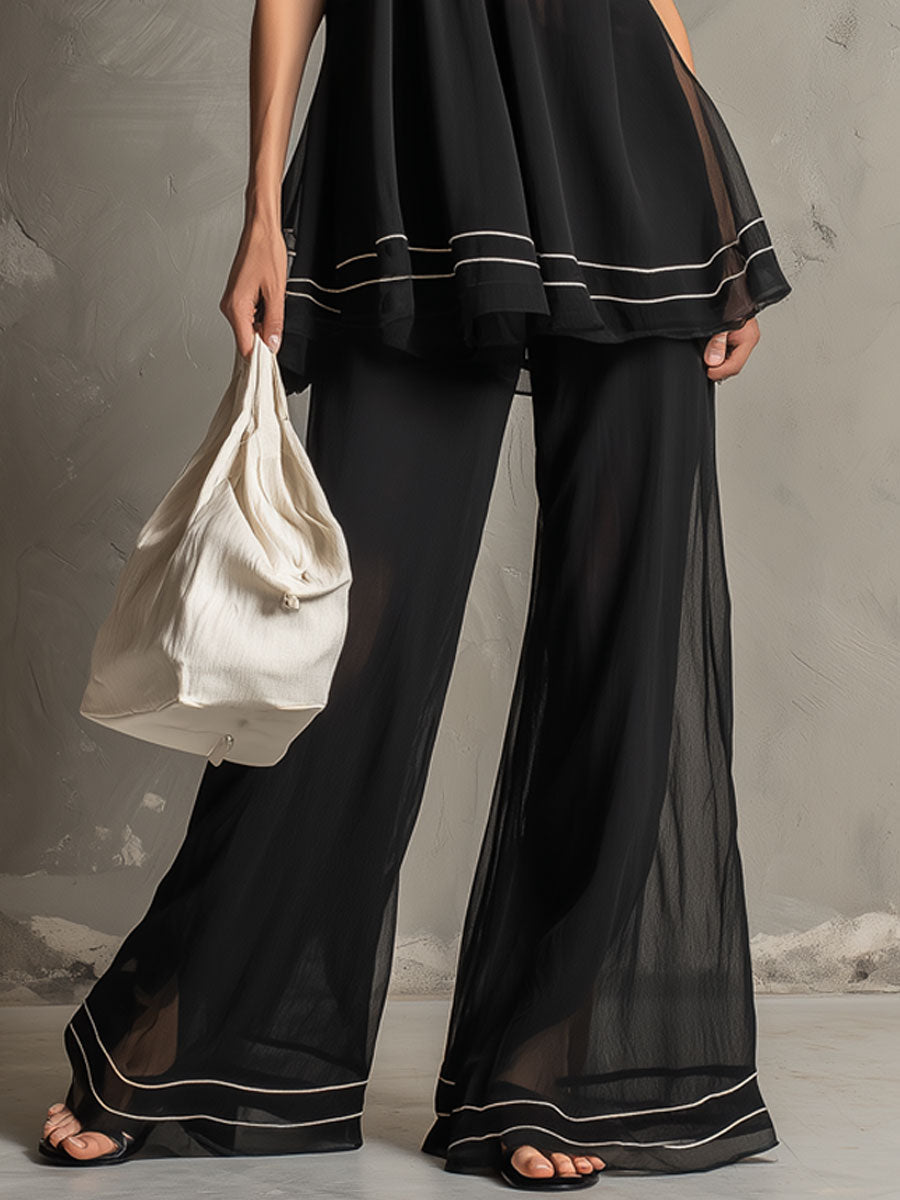 Fashionable Retro Striped Black Chiffon A-line Top and Flared Trousers Set
