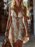 Retro Bohemian Print Beige Chiffon Mini Dress