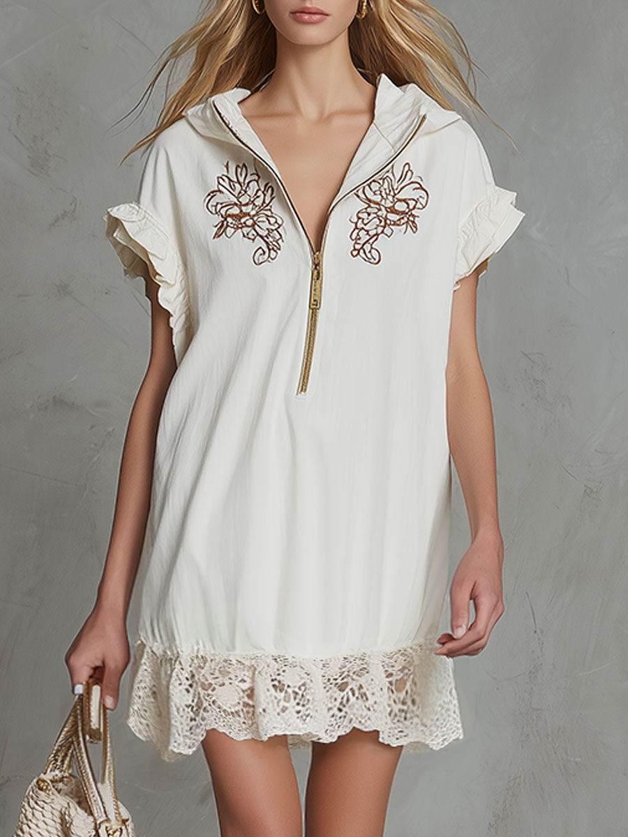 Casual Retro Embroidered Lace White Hooded Short-sleeved Cotton Linen Mini Dress