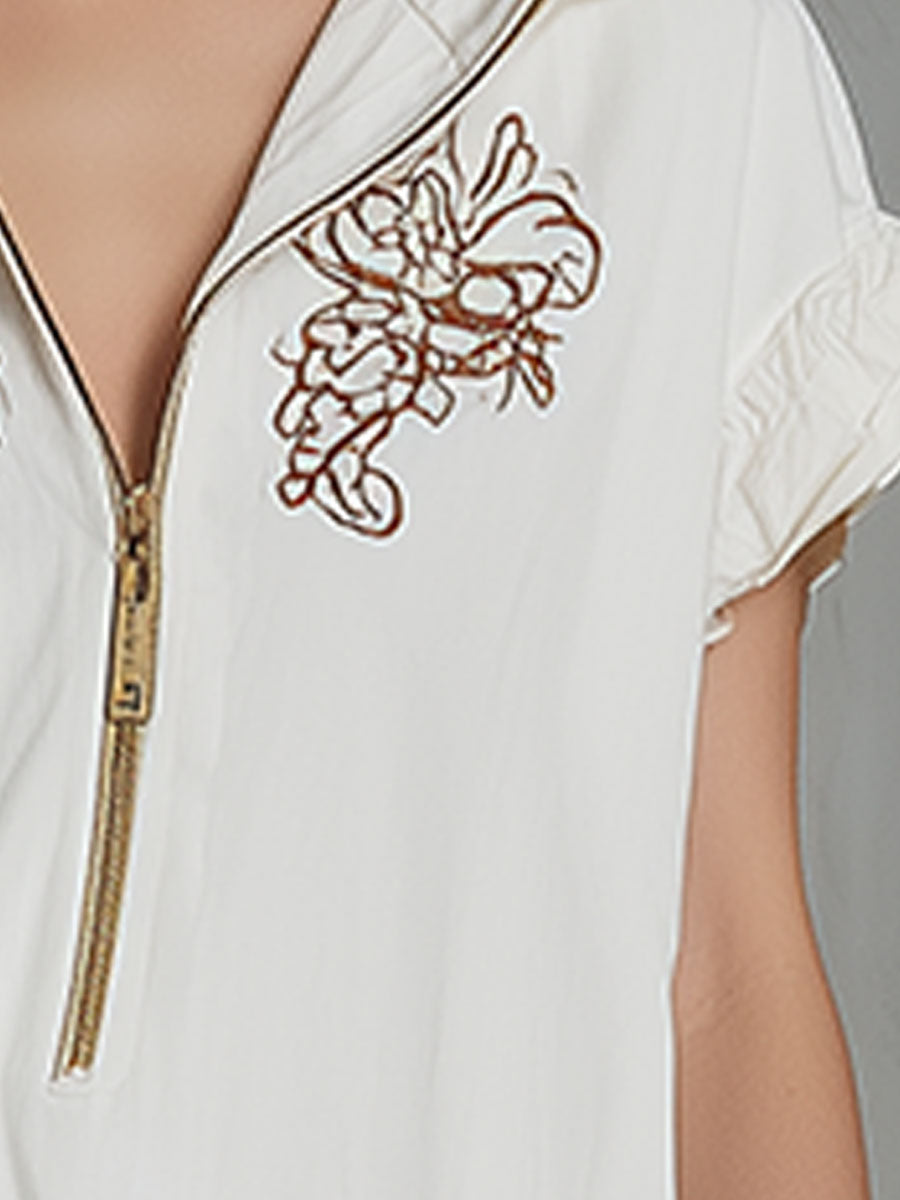 Casual Retro Embroidered Lace White Hooded Short-sleeved Cotton Linen Mini Dress