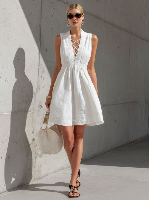 Casual Retro Sleeveless V-neck Tie-up White Cotton Linen A-line Mini Dress