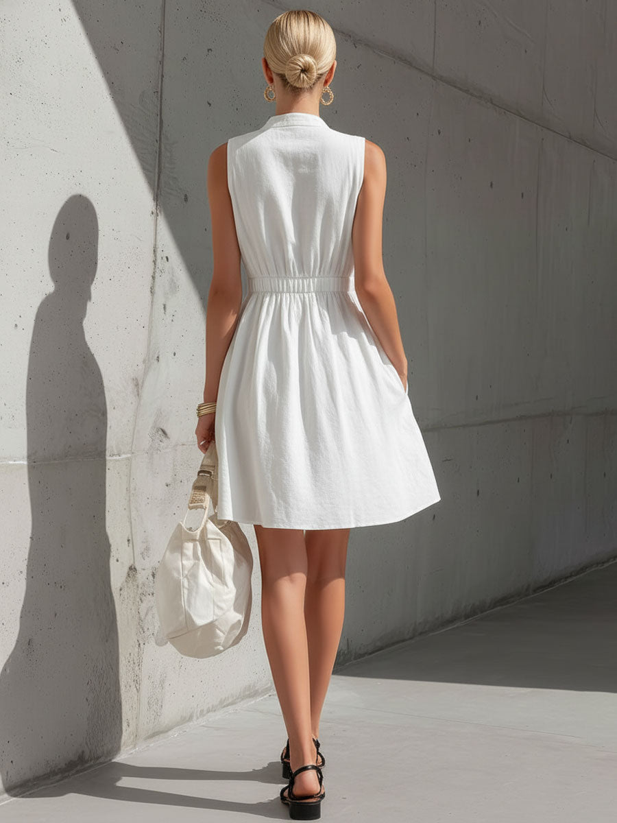Casual Retro Sleeveless V-neck Tie-up White Cotton Linen A-line Mini Dress