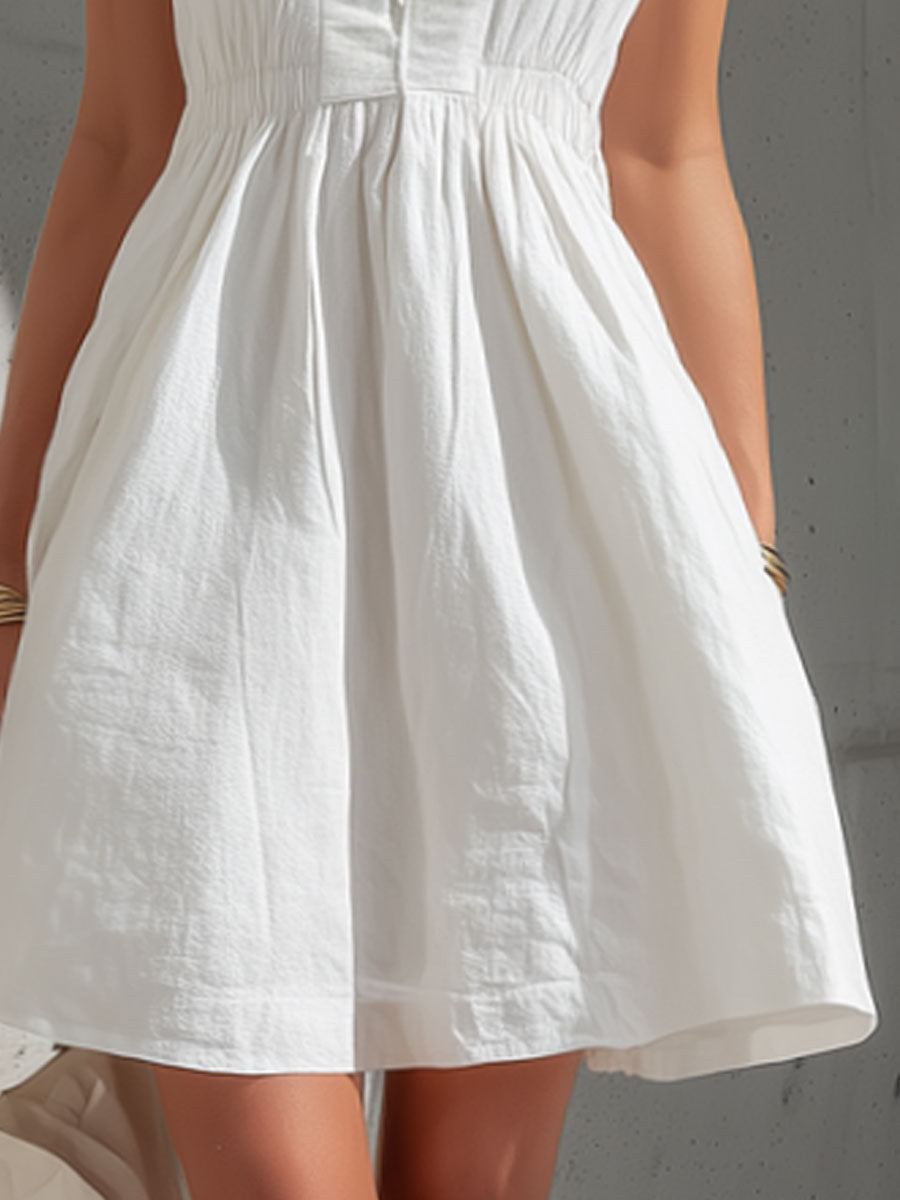 Casual Retro Sleeveless V-neck Tie-up White Cotton Linen A-line Mini Dress