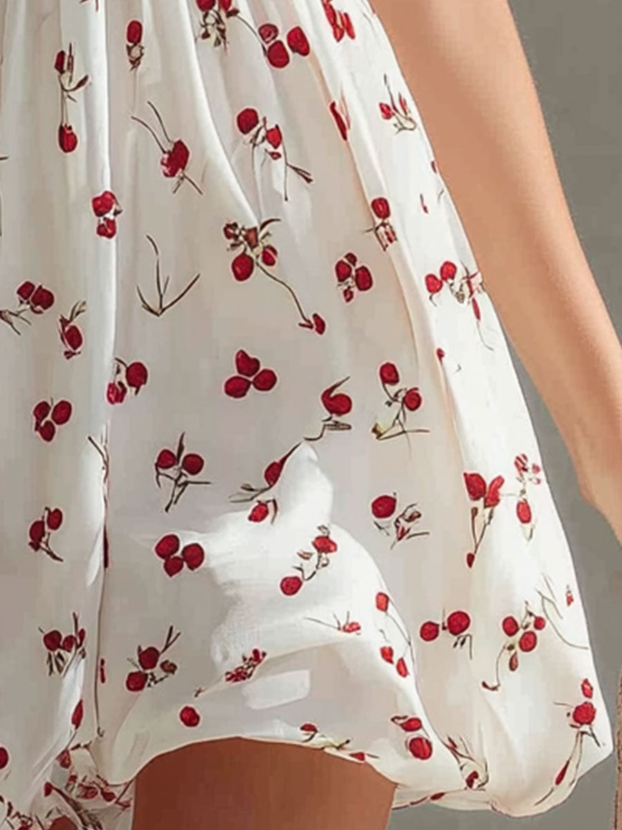Casual Retro Cherry Print White Sleeveless Chiffon Mini Dress