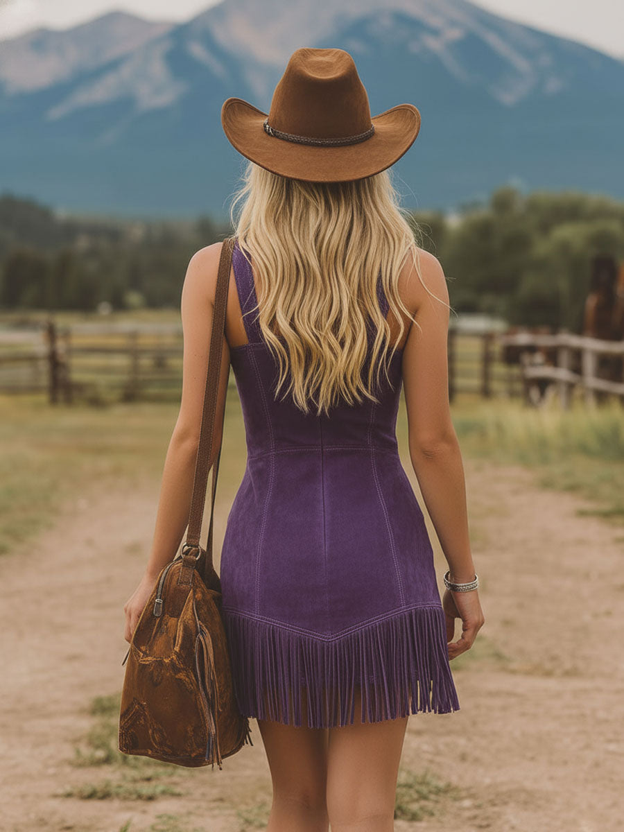 Western-style Zippered Pocket Tassel Faux Suede Sleeveless Mini Dress