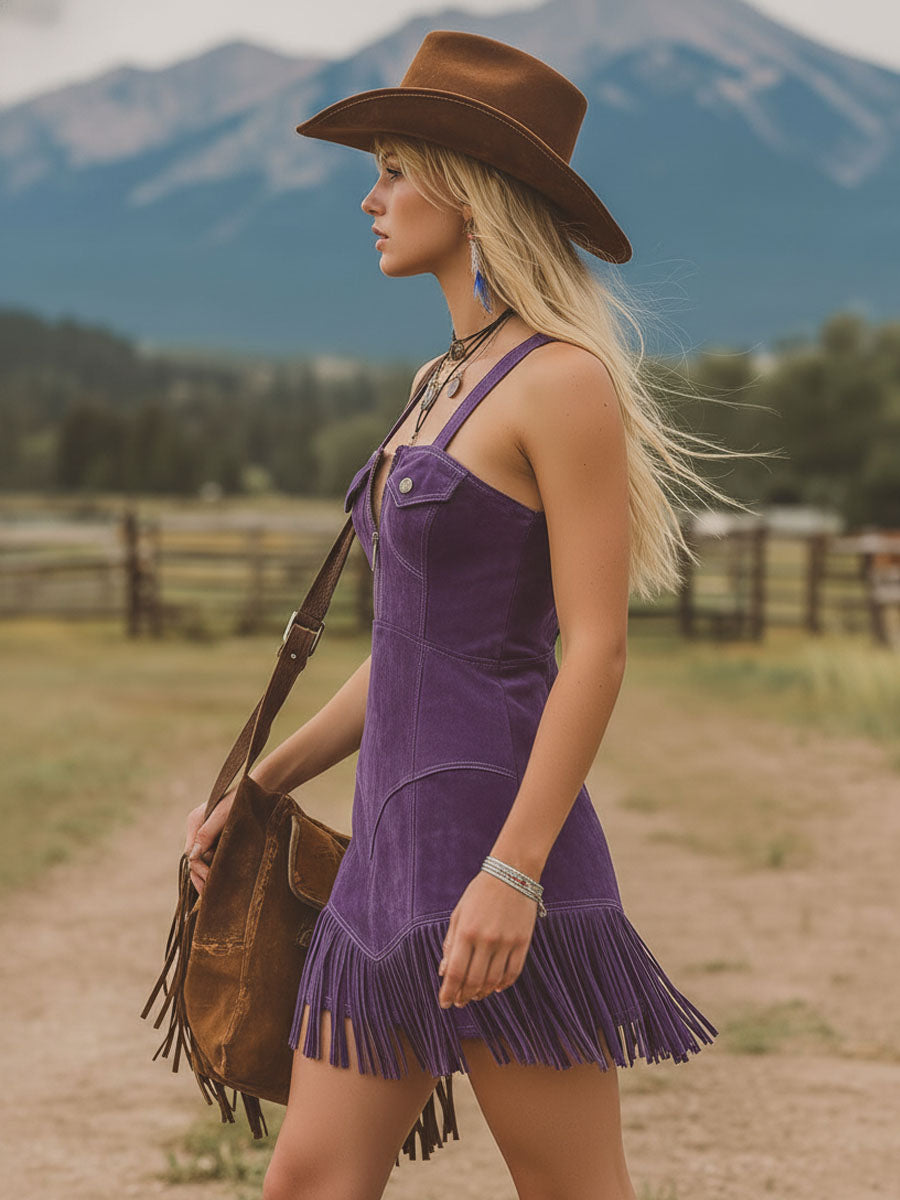 Western-style Zippered Pocket Tassel Faux Suede Sleeveless Mini Dress