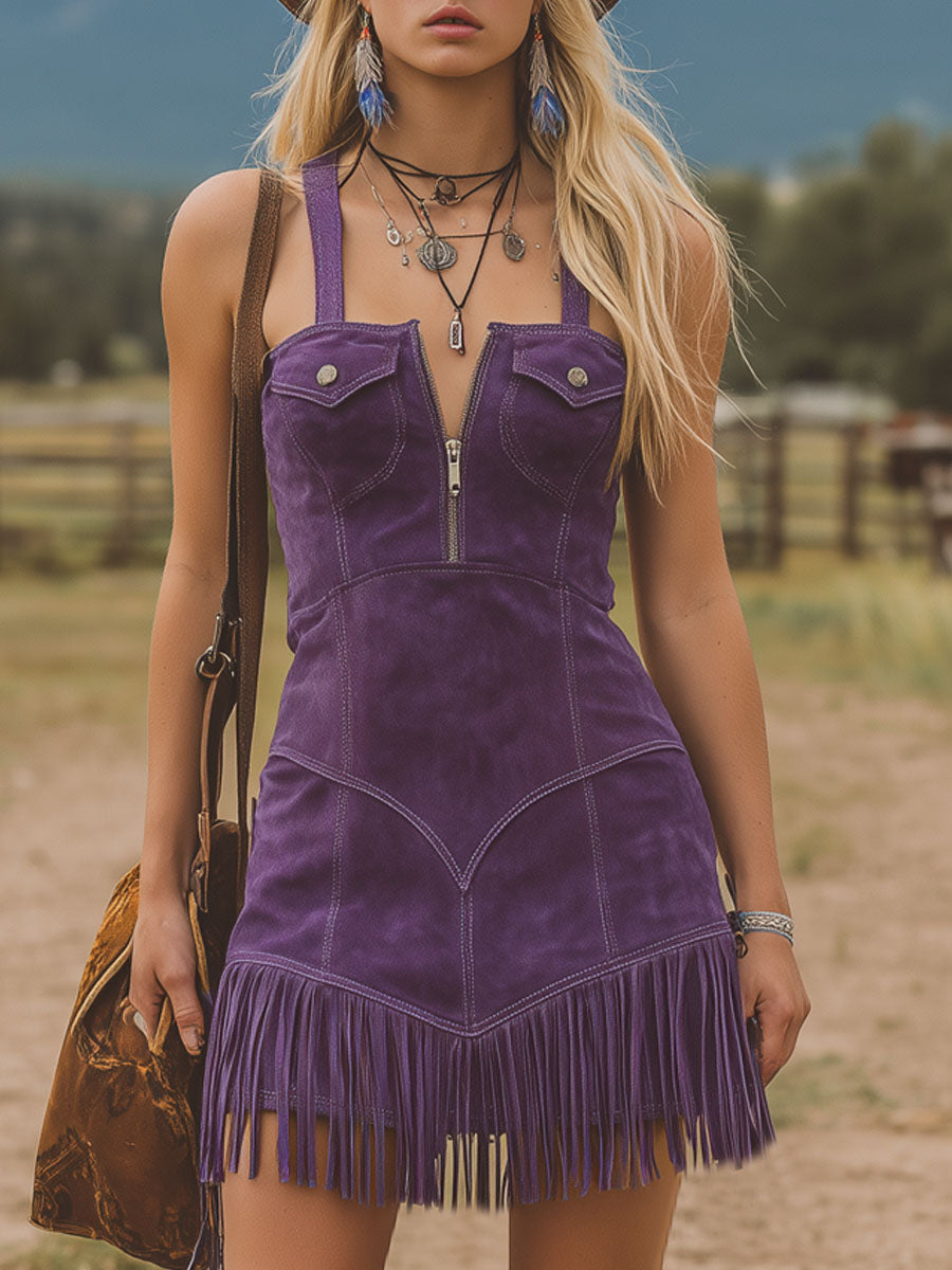 Western-style Zippered Pocket Tassel Faux Suede Sleeveless Mini Dress