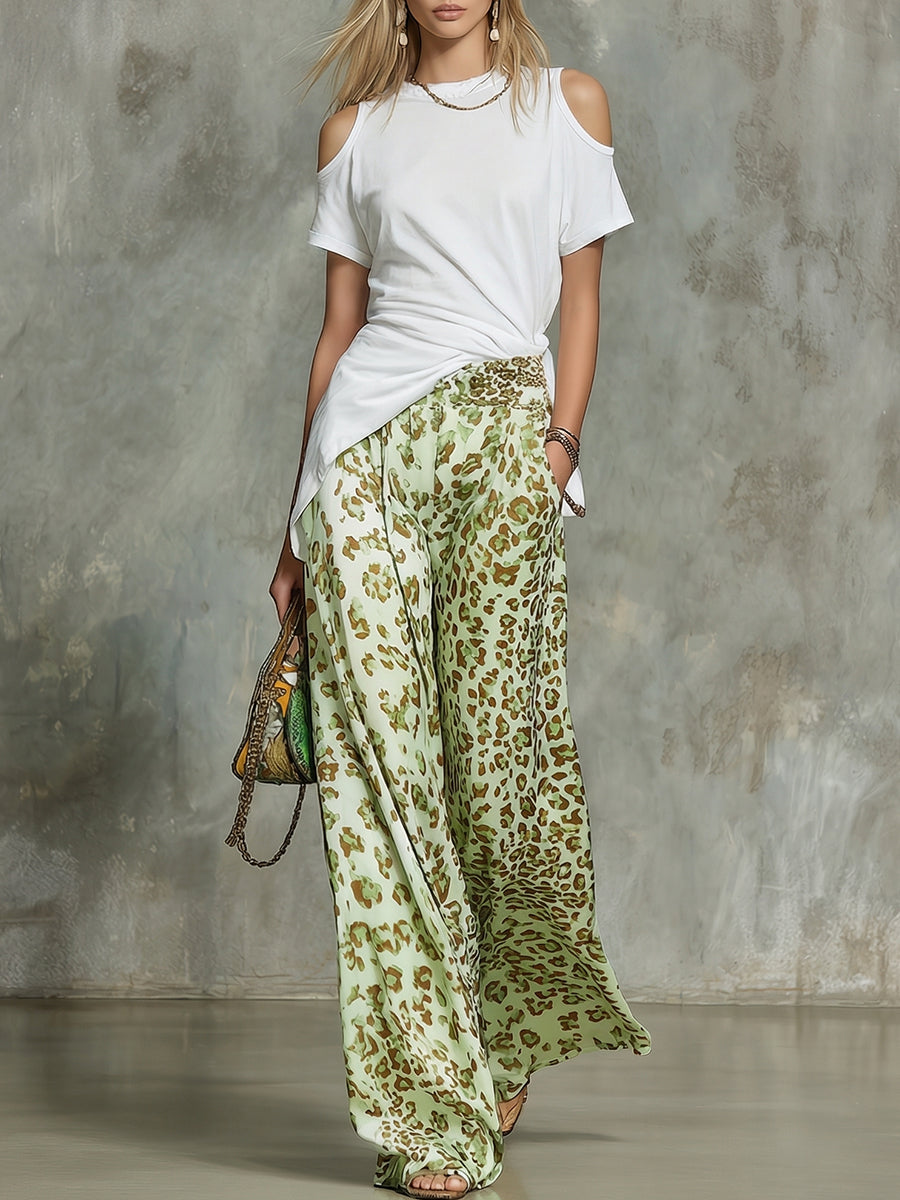 Casual Off-Shoulder Short-Sleeve T-Shirt and Leopard-Print Chiffon Wide-Leg Trousers