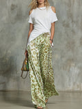 Casual Off-Shoulder Short-Sleeve T-Shirt and Leopard-Print Chiffon Wide-Leg Trousers