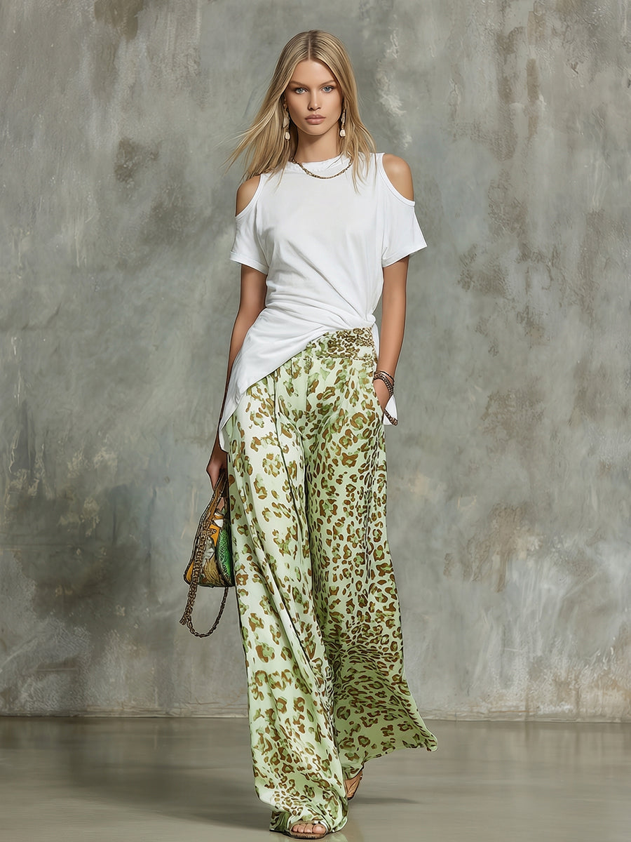 Casual Off-Shoulder Short-Sleeve T-Shirt and Leopard-Print Chiffon Wide-Leg Trousers