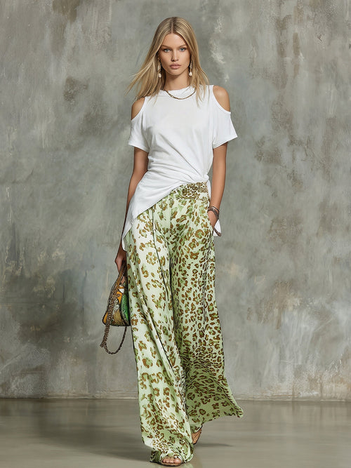 Casual Off-Shoulder Short-Sleeve T-Shirt and Leopard-Print Chiffon Wide-Leg Trousers
