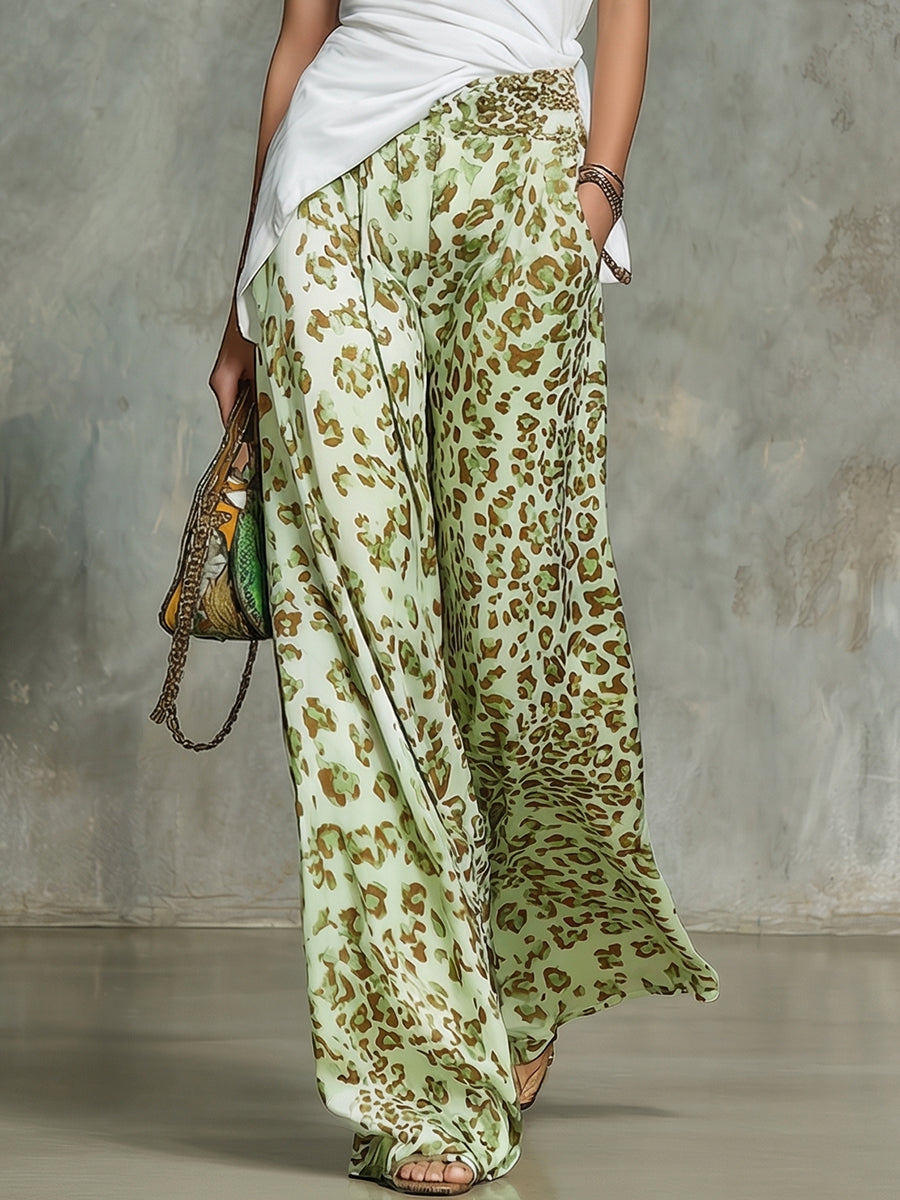 Casual Off-Shoulder Short-Sleeve T-Shirt and Leopard-Print Chiffon Wide-Leg Trousers