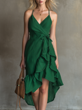 Elegant and Stylish Sleeveless V-neck Ruffled Tie-up Midi Dress