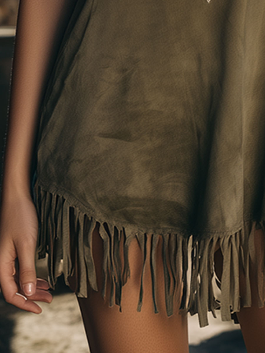 Western-style Retro Embroidered Tassel Olive Green Sleeveless Faux Suede Mini Dress