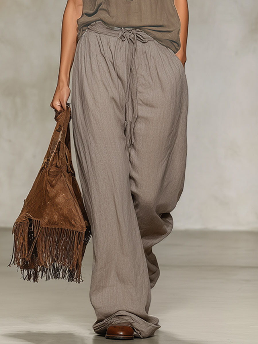 Collared Cotton-Linen Short-Sleeved Shirt and Wide-Leg Trousers Set