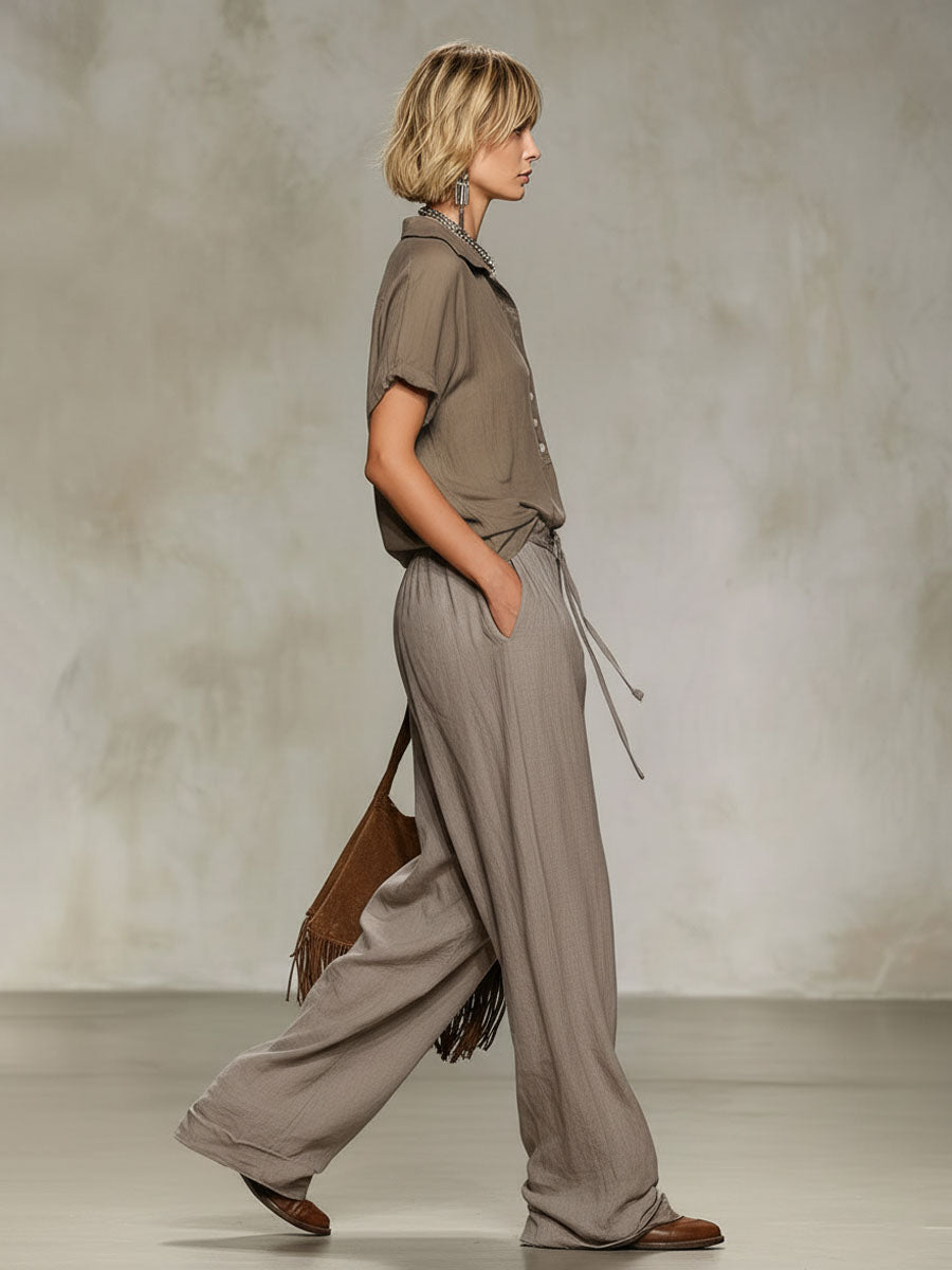 Collared Cotton-Linen Short-Sleeved Shirt and Wide-Leg Trousers Set