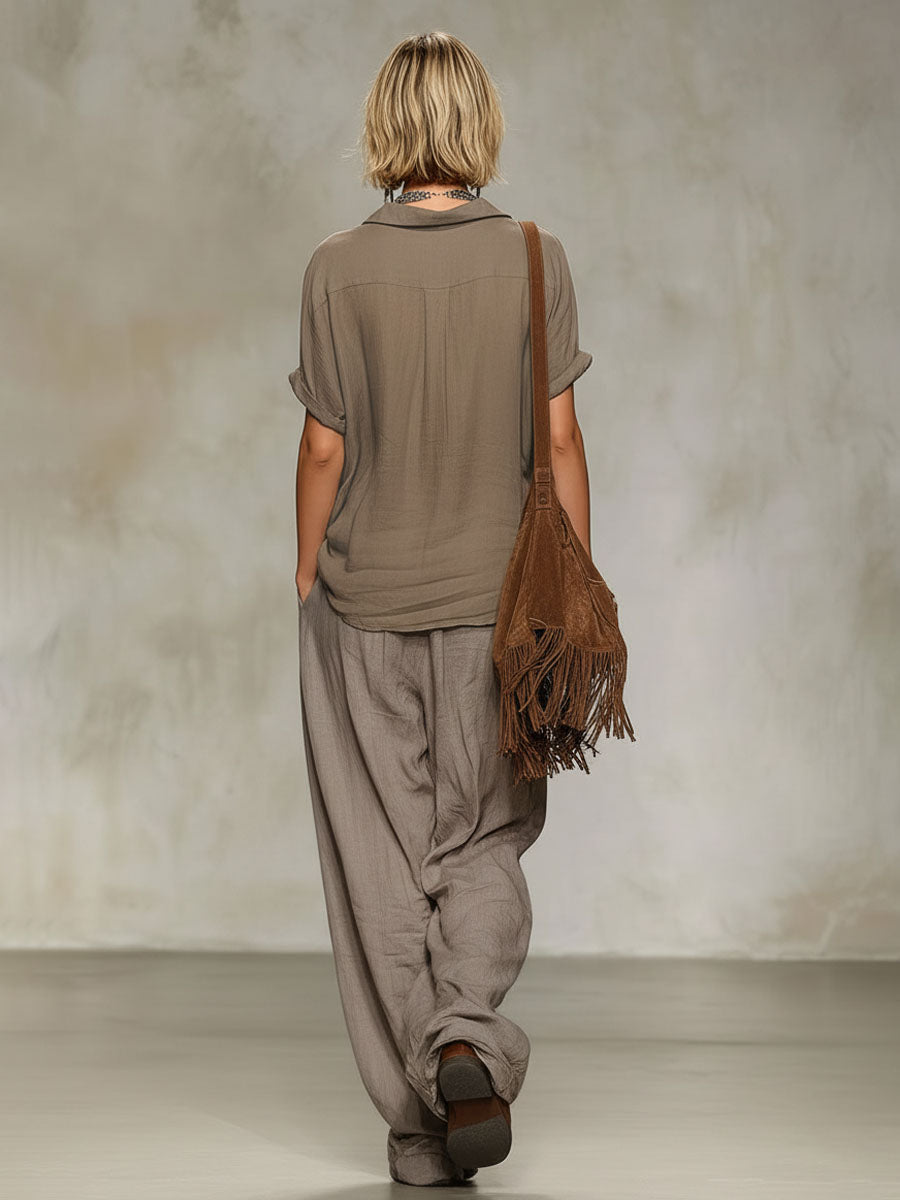 Collared Cotton-Linen Short-Sleeved Shirt and Wide-Leg Trousers Set