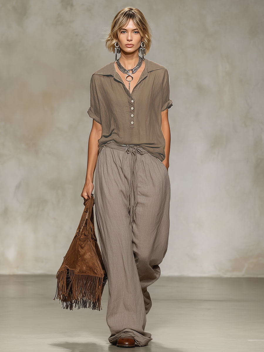Collared Cotton-Linen Short-Sleeved Shirt and Wide-Leg Trousers Set