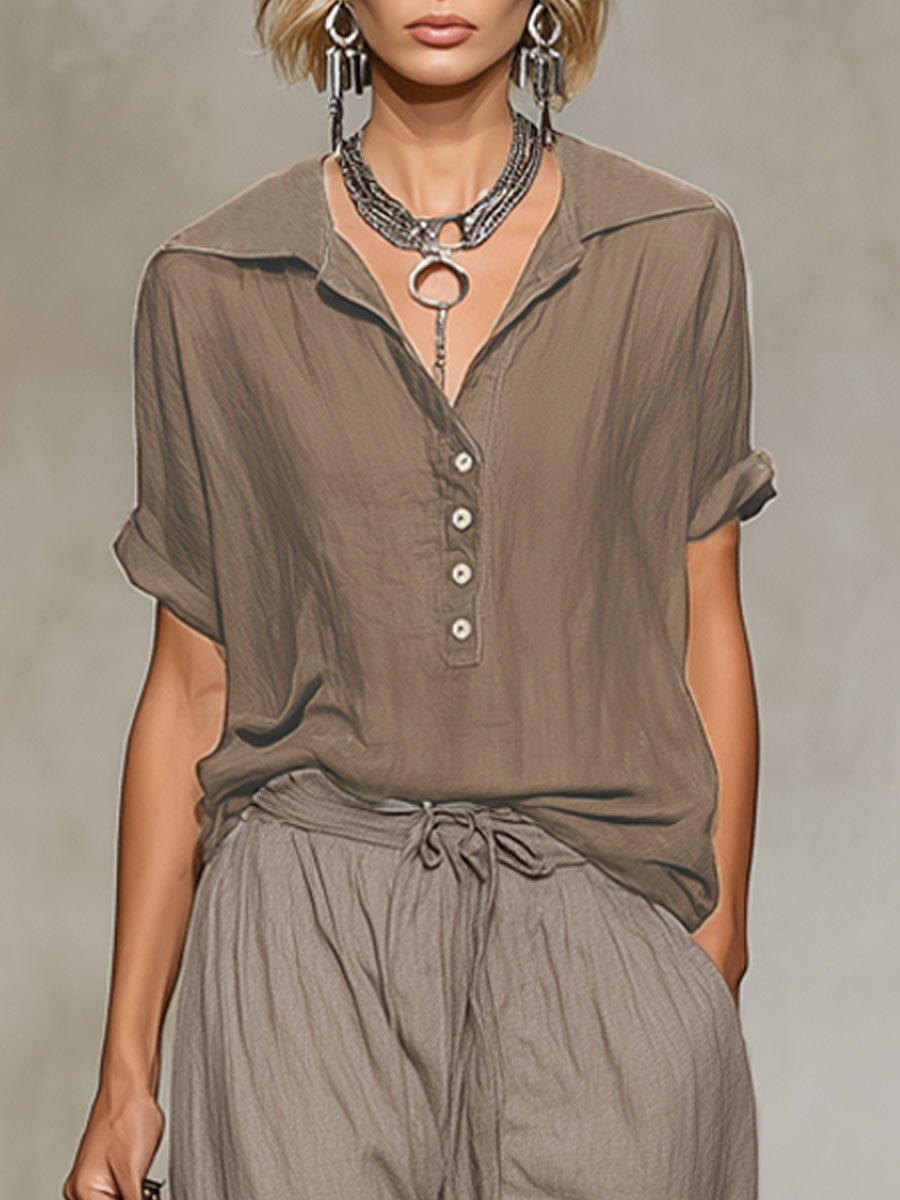 Collared Cotton-Linen Short-Sleeved Shirt and Wide-Leg Trousers Set