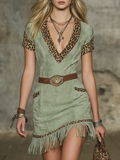 Western-Style Retro Leopard Print Trim V-Neck Short-Sleeve Faux Suede Mini Dress