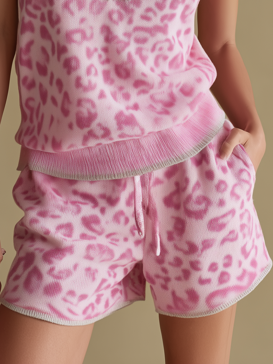 Elegant Retro Leopard Print Knitted Sleeveless Top and Shorts Set