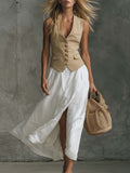 Western Vacation Beige Faux Suede V-Neck Vest and White Cotton-Linen Slit Skirt Set