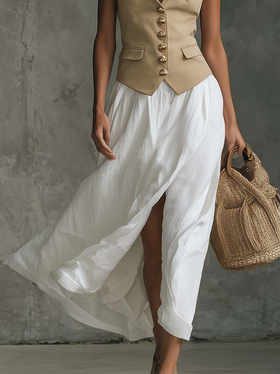 Western Vacation Beige Faux Suede V-Neck Vest and White Cotton-Linen Slit Skirt Set