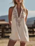 Western-style Retro Embroidered Tassel White V-neck Faux Suede Mini Dress