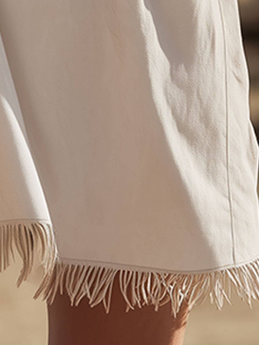 Western-style Retro Embroidered Tassel White V-neck Faux Suede Mini Dress