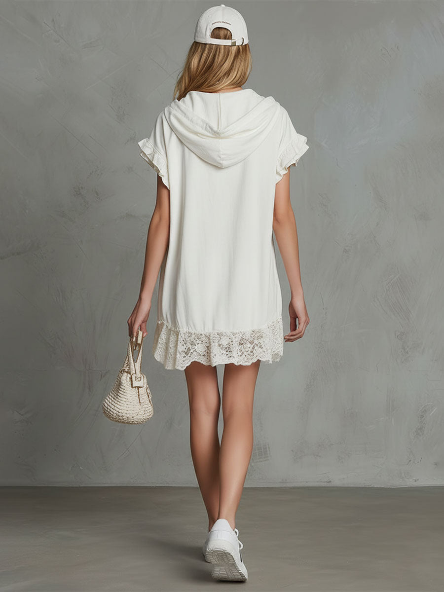 Casual Retro Embroidered Lace White Hooded Short-sleeved Cotton Linen Mini Dress