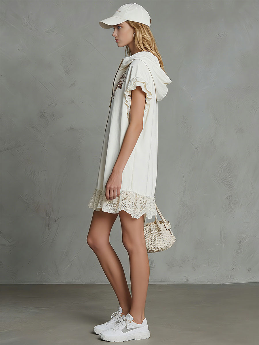 Casual Retro Embroidered Lace White Hooded Short-sleeved Cotton Linen Mini Dress