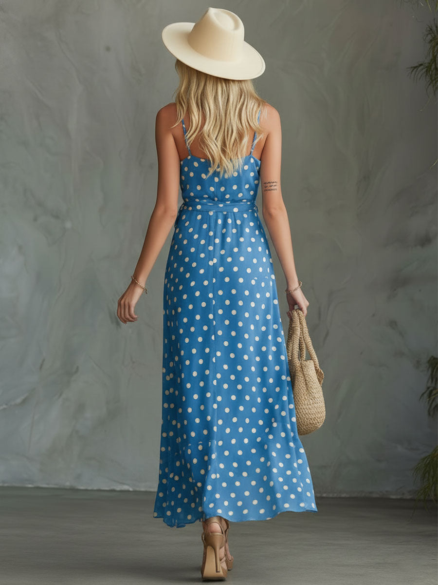 Casual Retro Polka Dot Blue V-neck Split Tie-waist Chiffon Midi Dress